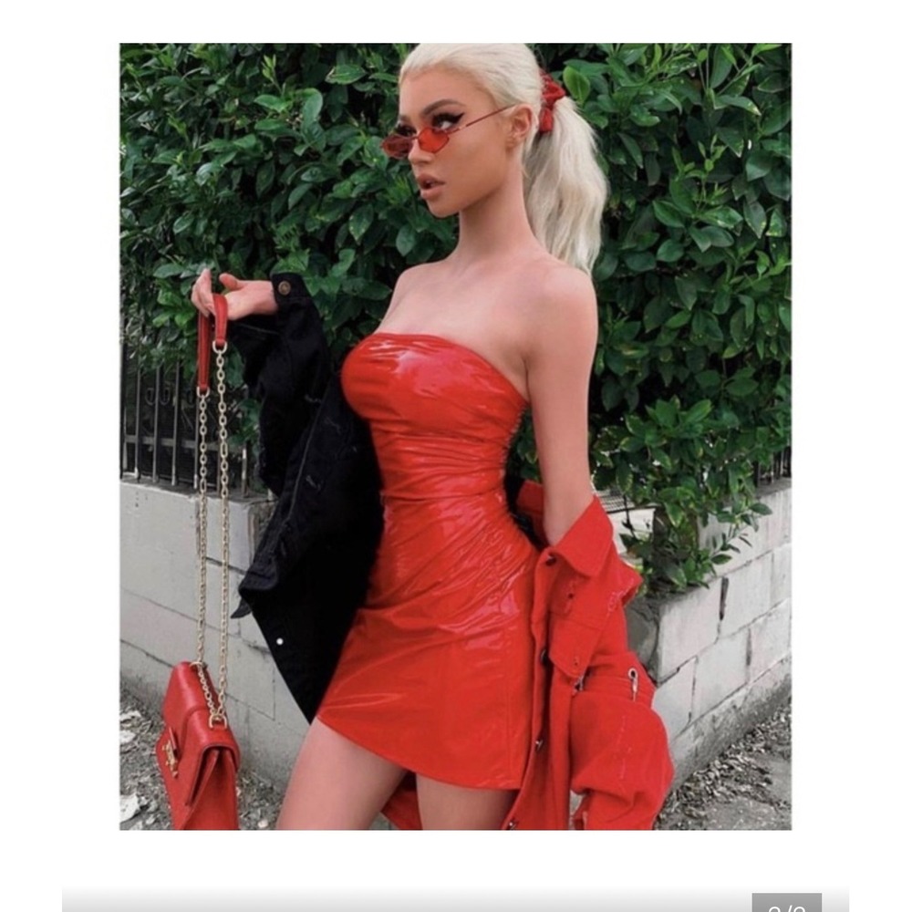 Tiger Mist Mini Dress Womens XS Red Faux Latex Strapless Bodycon Baddie